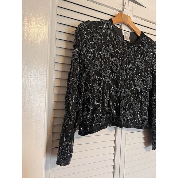 STENAY‎ Women's Size PM Medium Petite Shirt Blouse SILK Beaded VINTAGE Cardigan - Picture 2 of 10